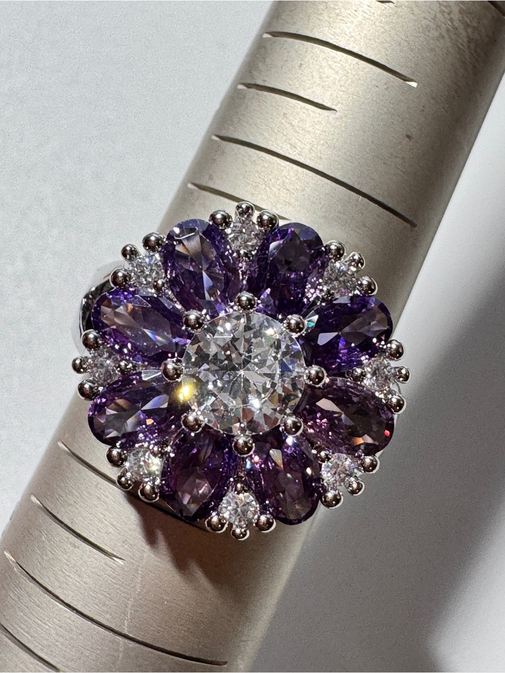Amethyst Halo Flower Ring with White Center Stone - Purple
